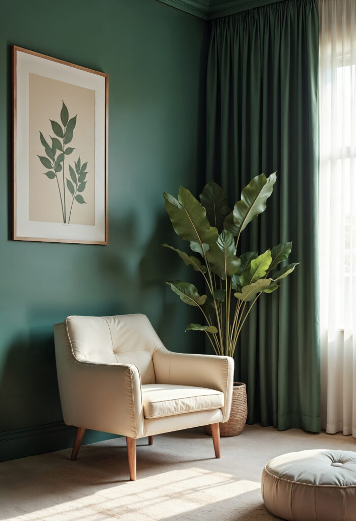 cozy living room with emerald green walls comfortable armchair
